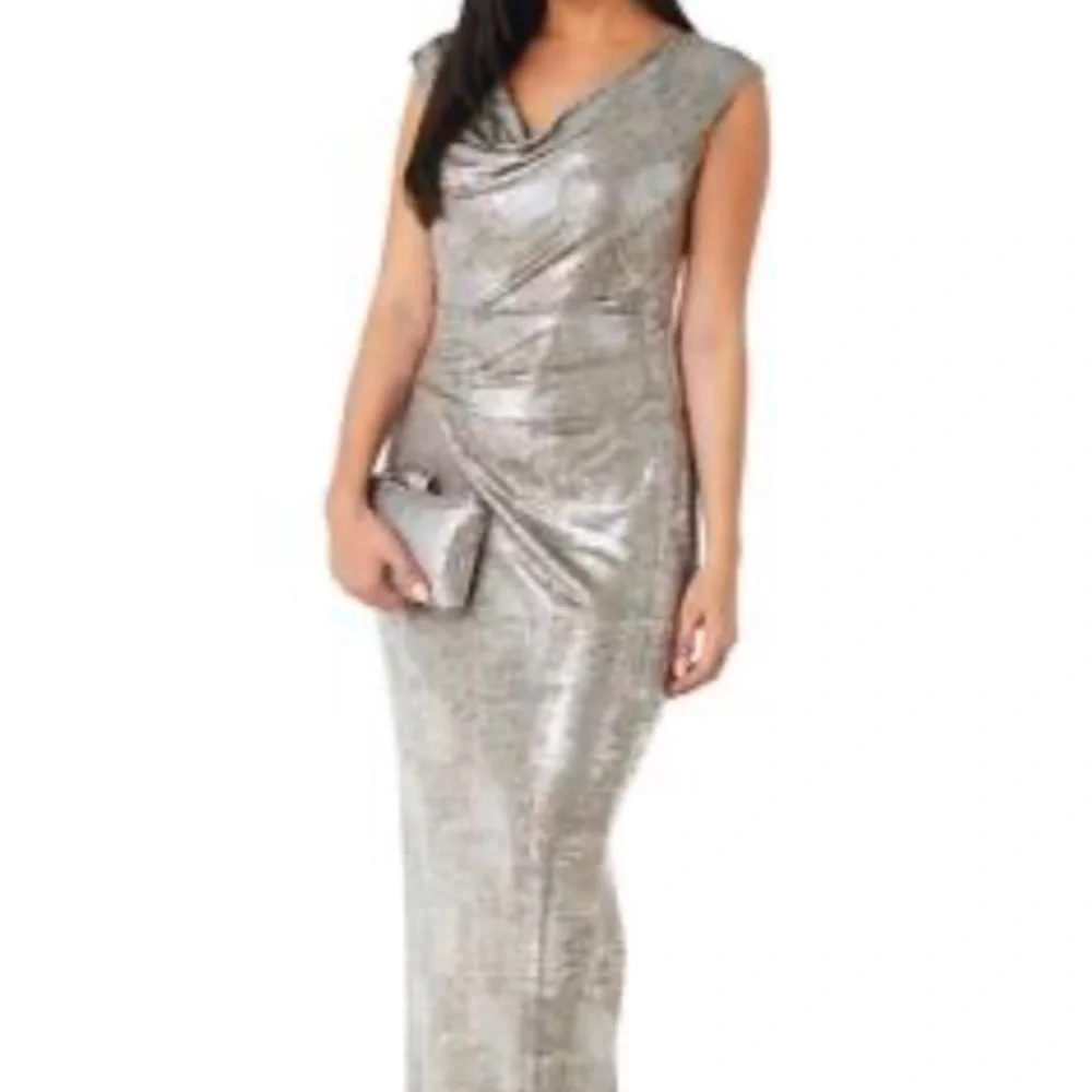Drape neck metallic sheath gown size 4 - Picture 1 of 4